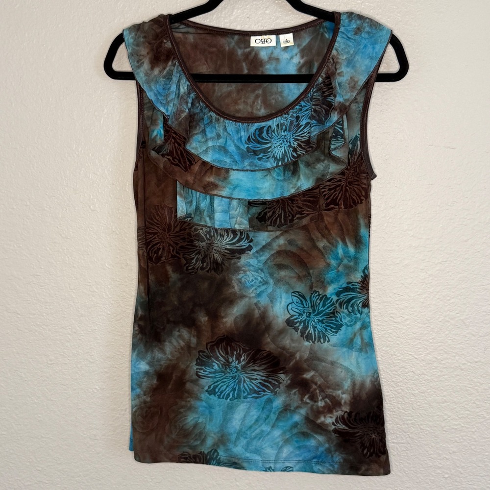Forest Fairy Grunge Burnout Floral Mesh Ruffle Blue Brown Tank Top Women Small